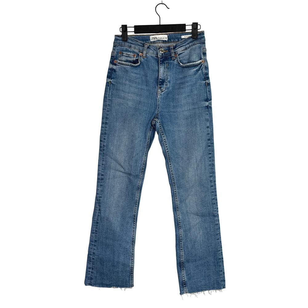 ZARA Bootcut High Rise Straight Jean Stretch Raw Hem Zip Button 2 Blue #3324 - Picture 10 of 14
